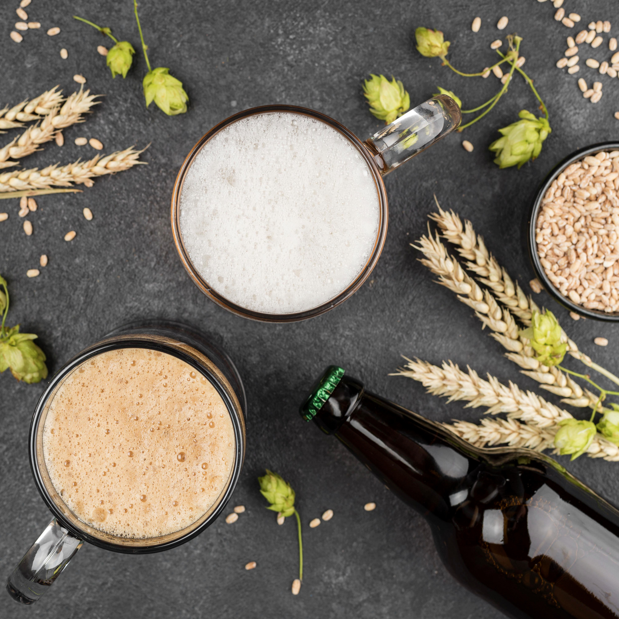 Boccali di birra, orzo e luppolo